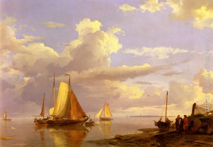 Fishing Boats Off The Coast At Dusk painting - Hermanus Koekkoek Snr Fishing Boats Off The Coast At Dusk art painting